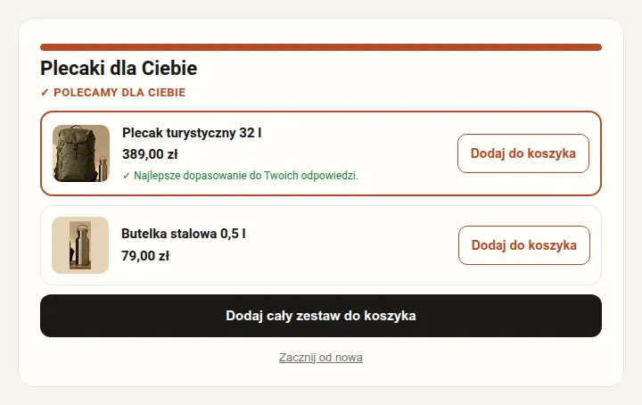 Wynik doboru plecaka w sklepie: trzy produkty ze zdjęciami, cenami i przyciskami „Dodaj do koszyka”.