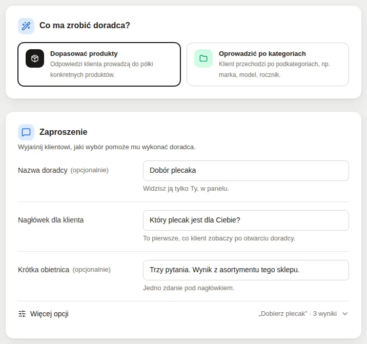 Panel GrowQuiz, zakładka Doradca: wybór trybu (dopasowanie produktów albo przewodnik po kategoriach) i tekst zaproszenia dla klienta.
